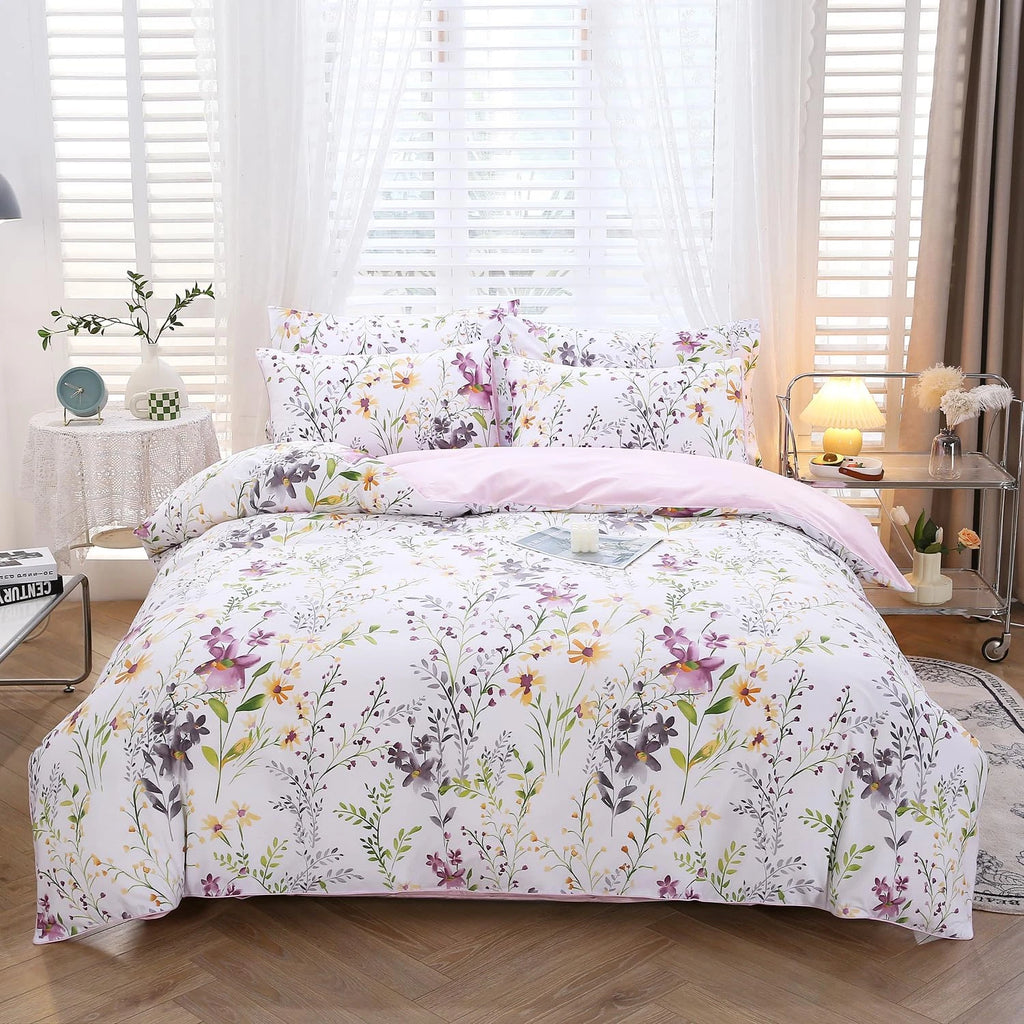 Chic Floral Queen Duvet Cover Set, 100% Cotton Wildflowers Bedding 3-Piece