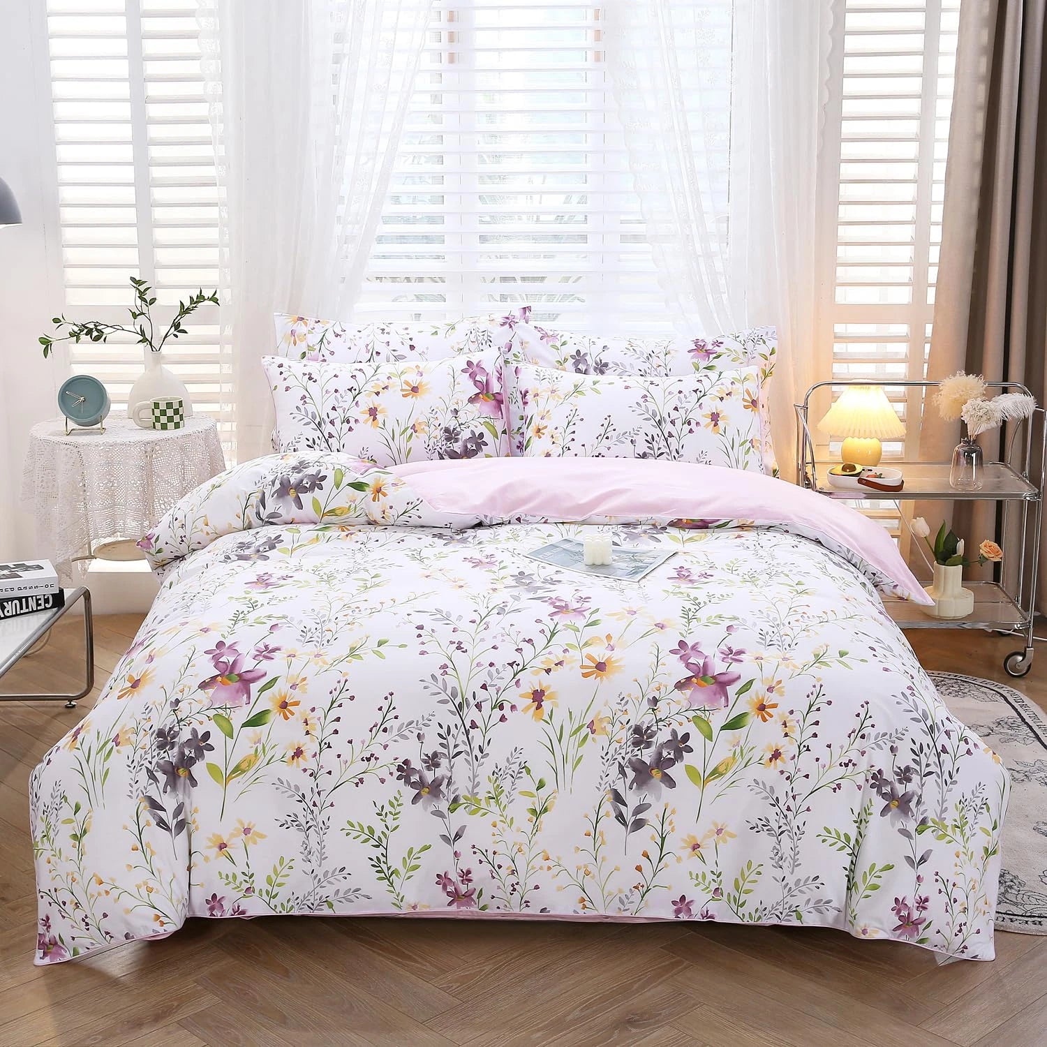 Chic Floral Queen Duvet Cover Set, 100% Cotton Wildflowers Bedding 3-Piece