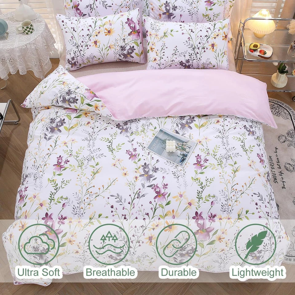 Chic Floral Queen Duvet Cover Set, 100% Cotton Wildflowers Bedding 3-Piece